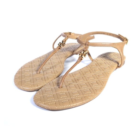 Tory Burch Sandals T-strap Flats Nude Leather Womens Size 7 - Picture 4 of 9